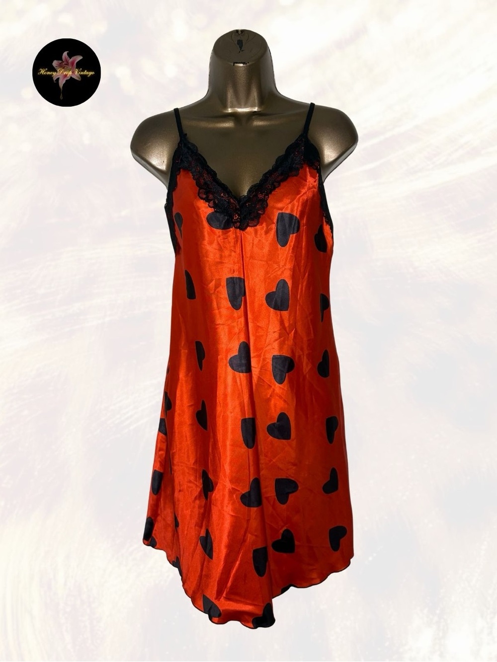 Red Satin Heart Print Chemise Nightgown with Lace Trim